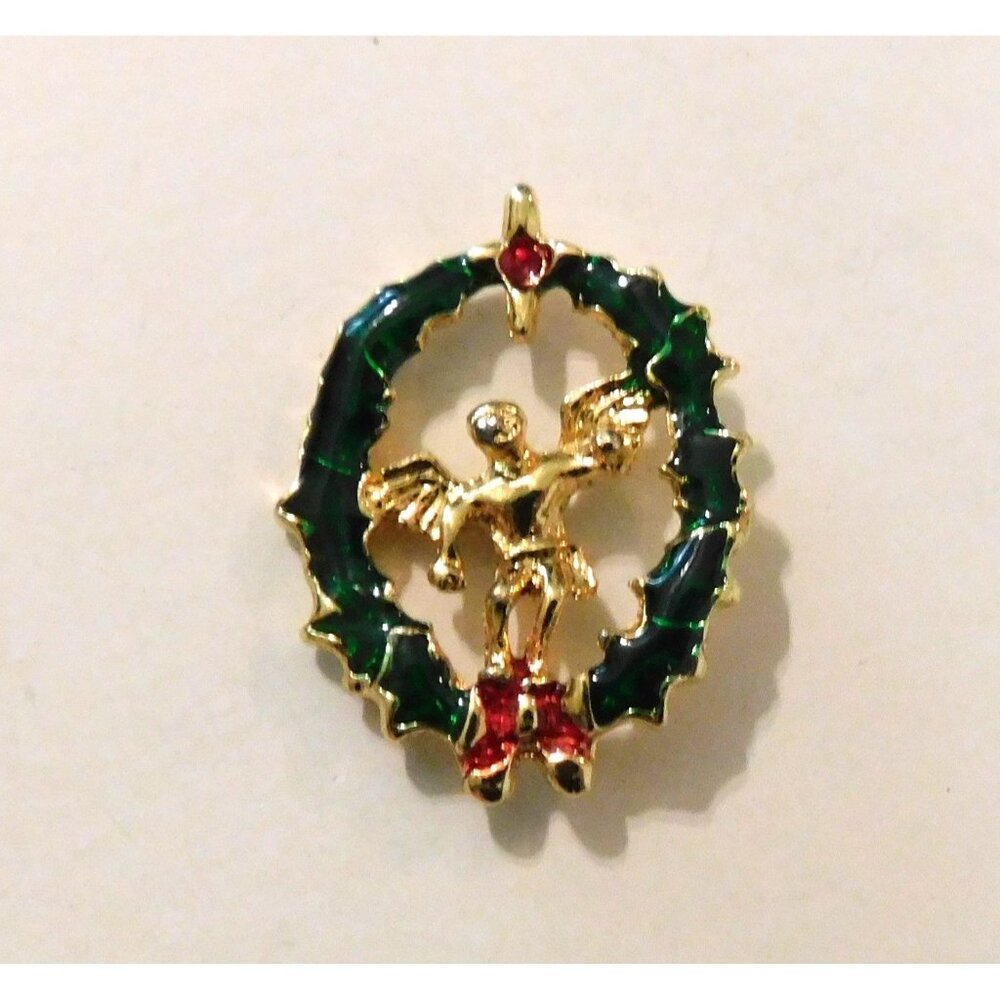 Vintage Christmas Angel Wreath Pin Brooch Gold Tone Enamel Holiday Accessory